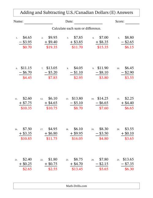 The Adding and Subtracting U.S./Canadian Dollars With Amounts from 0.05 to 9.95 in Increments of Five Cents (E) Math Worksheet Page 2