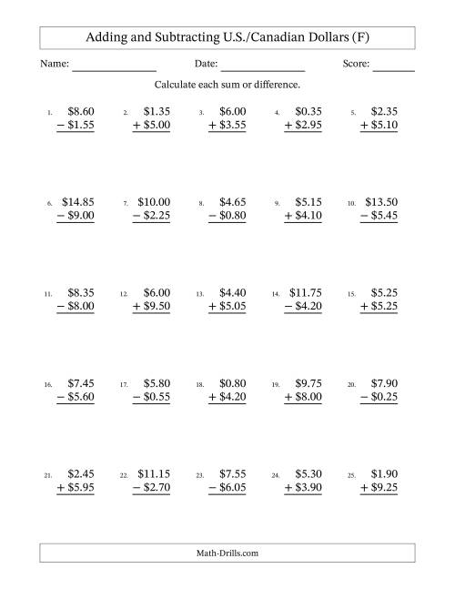 The Adding and Subtracting U.S./Canadian Dollars With Amounts from 0.05 to 9.95 in Increments of Five Cents (F) Math Worksheet