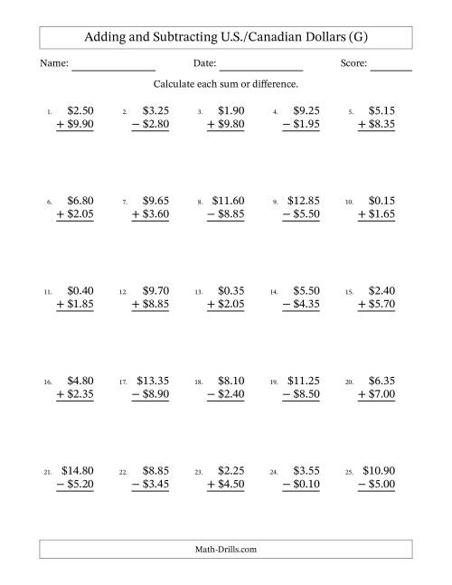 The Adding and Subtracting U.S./Canadian Dollars With Amounts from 0.05 to 9.95 in Increments of Five Cents (G) Math Worksheet