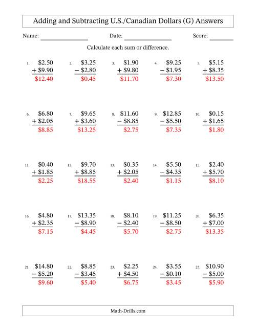 The Adding and Subtracting U.S./Canadian Dollars With Amounts from 0.05 to 9.95 in Increments of Five Cents (G) Math Worksheet Page 2