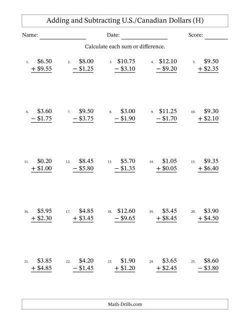 The Adding and Subtracting U.S./Canadian Dollars With Amounts from 0.05 to 9.95 in Increments of Five Cents (H) Math Worksheet