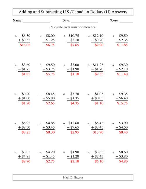 The Adding and Subtracting U.S./Canadian Dollars With Amounts from 0.05 to 9.95 in Increments of Five Cents (H) Math Worksheet Page 2