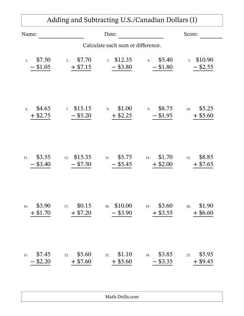 The Adding and Subtracting U.S./Canadian Dollars With Amounts from 0.05 to 9.95 in Increments of Five Cents (I) Math Worksheet