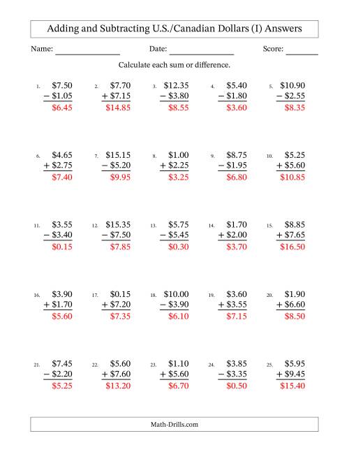 The Adding and Subtracting U.S./Canadian Dollars With Amounts from 0.05 to 9.95 in Increments of Five Cents (I) Math Worksheet Page 2