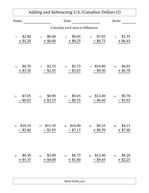 The Adding and Subtracting U.S./Canadian Dollars With Amounts from 0.05 to 9.95 in Increments of Five Cents (J) Math Worksheet