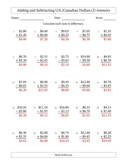 The Adding and Subtracting U.S./Canadian Dollars With Amounts from 0.05 to 9.95 in Increments of Five Cents (J) Math Worksheet Page 2