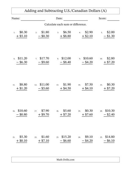 The Adding and Subtracting U.S./Canadian Dollars With Amounts from 0.10 to 9.90 in Increments of Ten Cents (A) Math Worksheet