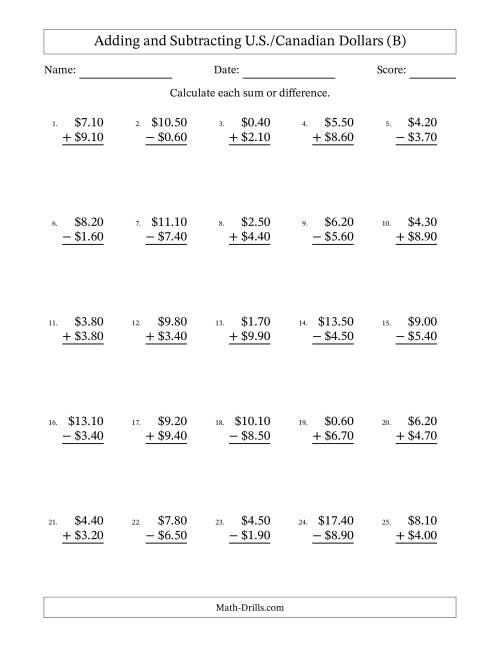 The Adding and Subtracting U.S./Canadian Dollars With Amounts from 0.10 to 9.90 in Increments of Ten Cents (B) Math Worksheet