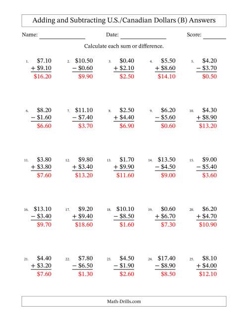 The Adding and Subtracting U.S./Canadian Dollars With Amounts from 0.10 to 9.90 in Increments of Ten Cents (B) Math Worksheet Page 2