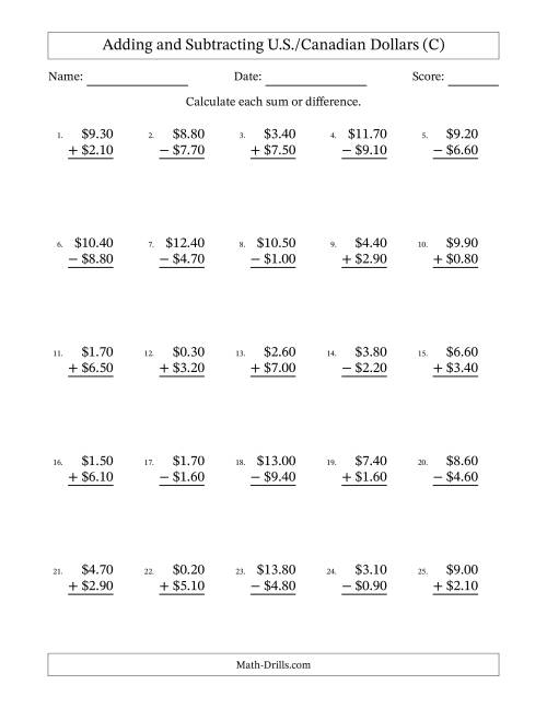 The Adding and Subtracting U.S./Canadian Dollars With Amounts from 0.10 to 9.90 in Increments of Ten Cents (C) Math Worksheet