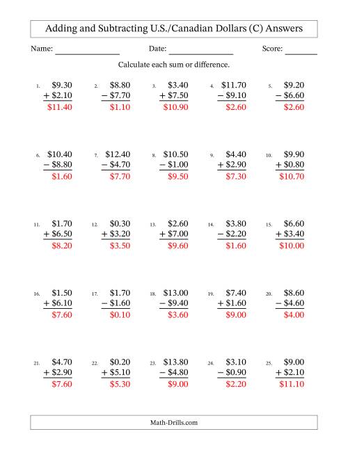 The Adding and Subtracting U.S./Canadian Dollars With Amounts from 0.10 to 9.90 in Increments of Ten Cents (C) Math Worksheet Page 2