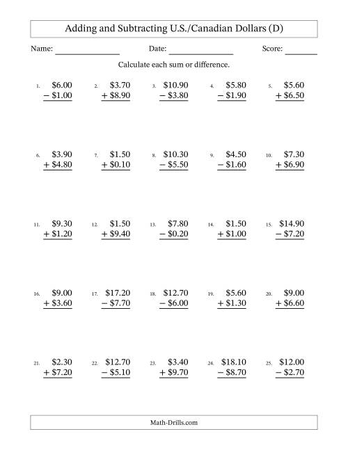 The Adding and Subtracting U.S./Canadian Dollars With Amounts from 0.10 to 9.90 in Increments of Ten Cents (D) Math Worksheet