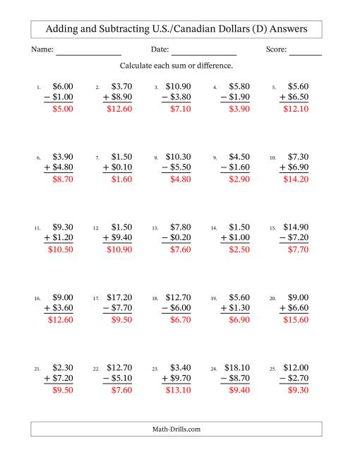 The Adding and Subtracting U.S./Canadian Dollars With Amounts from 0.10 to 9.90 in Increments of Ten Cents (D) Math Worksheet Page 2