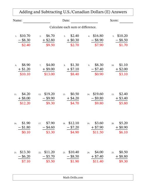 The Adding and Subtracting U.S./Canadian Dollars With Amounts from 0.10 to 9.90 in Increments of Ten Cents (E) Math Worksheet Page 2