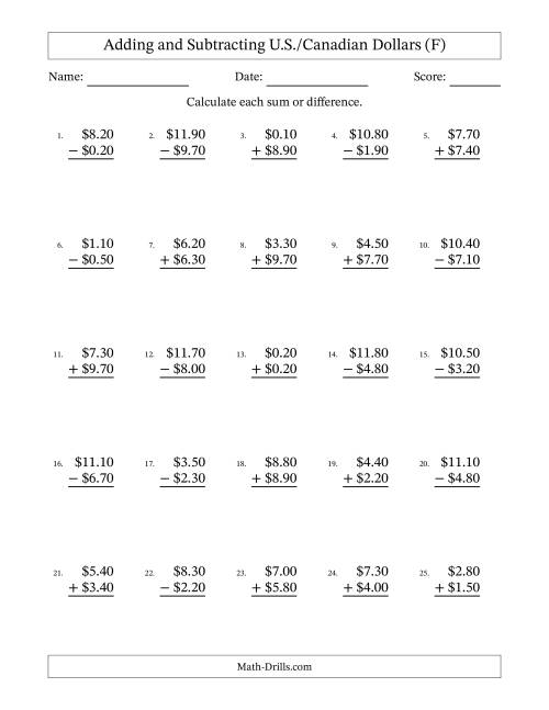 The Adding and Subtracting U.S./Canadian Dollars With Amounts from 0.10 to 9.90 in Increments of Ten Cents (F) Math Worksheet