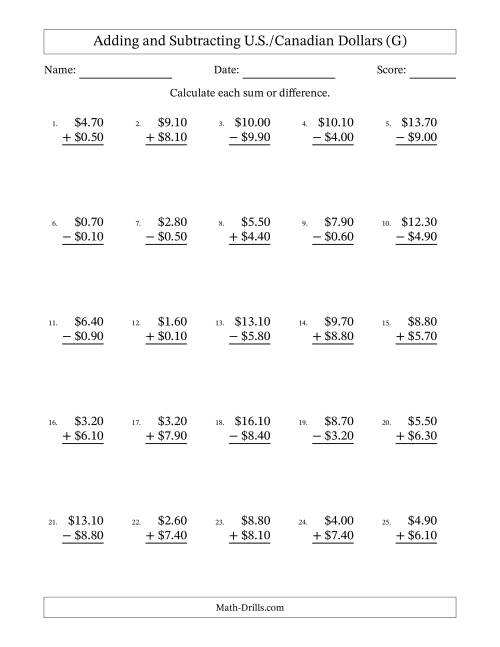 The Adding and Subtracting U.S./Canadian Dollars With Amounts from 0.10 to 9.90 in Increments of Ten Cents (G) Math Worksheet