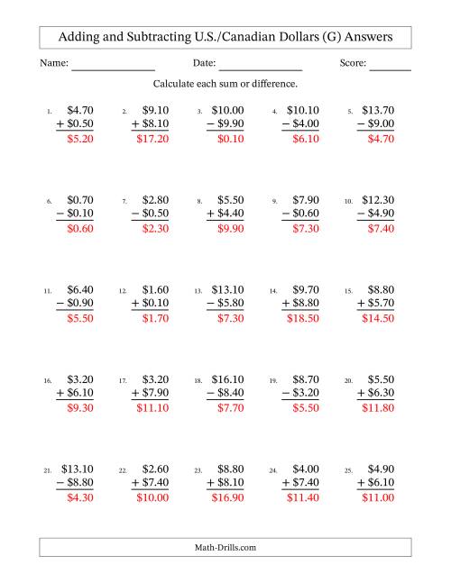 The Adding and Subtracting U.S./Canadian Dollars With Amounts from 0.10 to 9.90 in Increments of Ten Cents (G) Math Worksheet Page 2