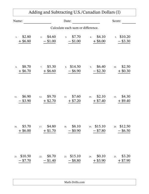 The Adding and Subtracting U.S./Canadian Dollars With Amounts from 0.10 to 9.90 in Increments of Ten Cents (I) Math Worksheet