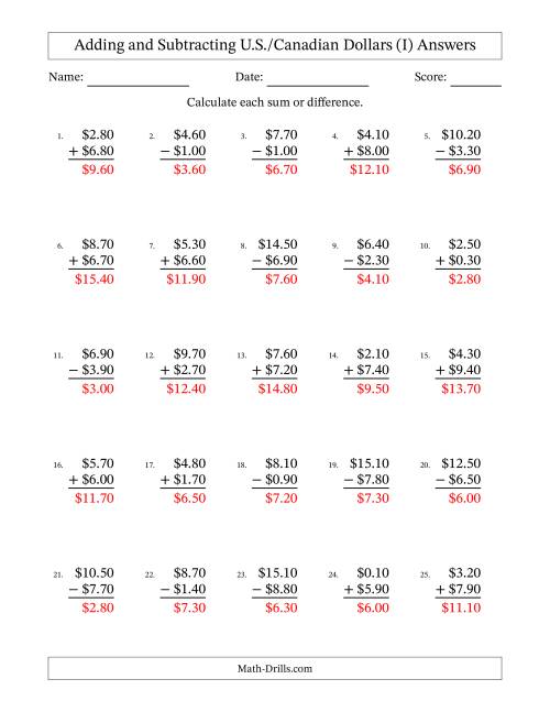 The Adding and Subtracting U.S./Canadian Dollars With Amounts from 0.10 to 9.90 in Increments of Ten Cents (I) Math Worksheet Page 2