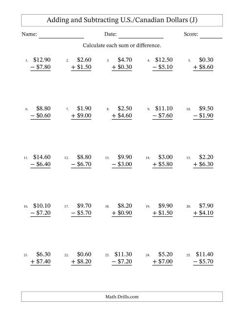 The Adding and Subtracting U.S./Canadian Dollars With Amounts from 0.10 to 9.90 in Increments of Ten Cents (J) Math Worksheet