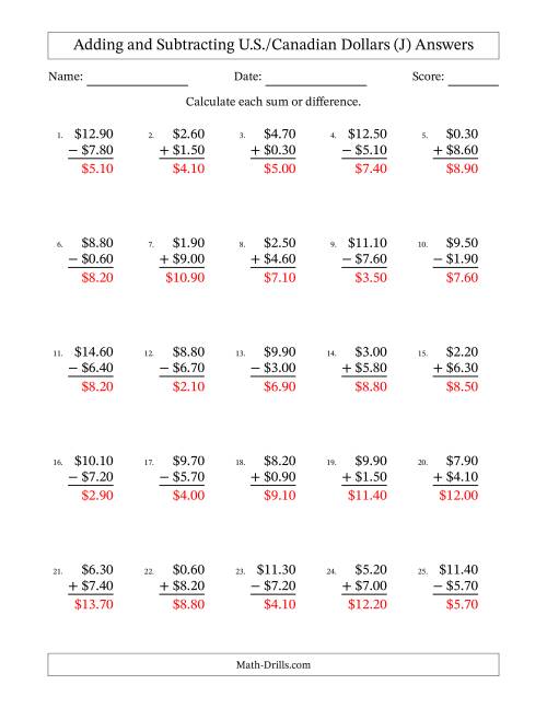 The Adding and Subtracting U.S./Canadian Dollars With Amounts from 0.10 to 9.90 in Increments of Ten Cents (J) Math Worksheet Page 2