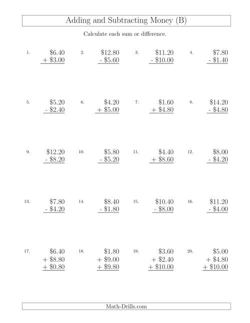 The Adding and Subtracting Dollars with Amounts up to $10 in Increments of 20 Cents (B) Math Worksheet
