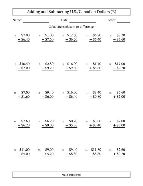 The Adding and Subtracting U.S./Canadian Dollars With Amounts from 0.20 to 9.80 in Increments of Twenty Cents (B) Math Worksheet