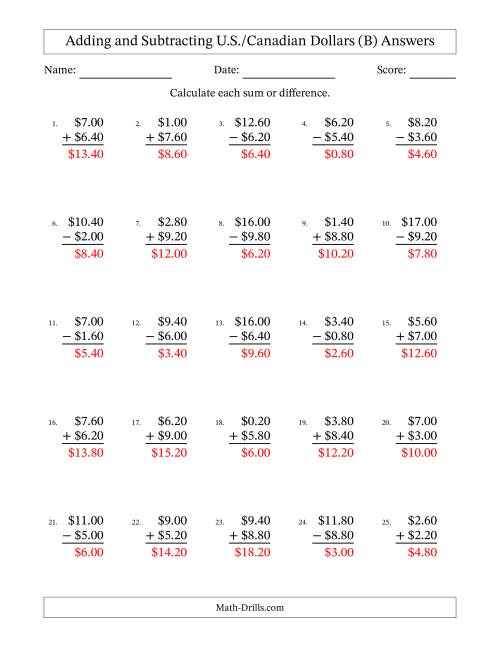 The Adding and Subtracting U.S./Canadian Dollars With Amounts from 0.20 to 9.80 in Increments of Twenty Cents (B) Math Worksheet Page 2