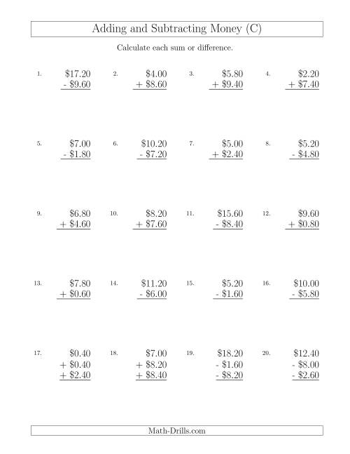 The Adding and Subtracting Dollars with Amounts up to $10 in Increments of 20 Cents (C) Math Worksheet