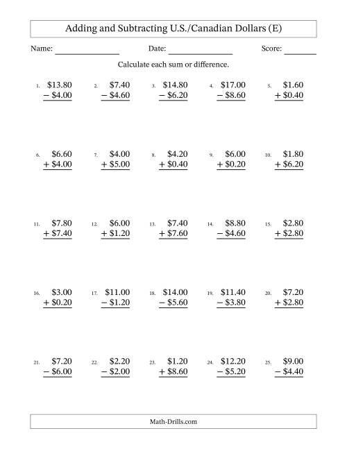 The Adding and Subtracting U.S./Canadian Dollars With Amounts from 0.20 to 9.80 in Increments of Twenty Cents (E) Math Worksheet