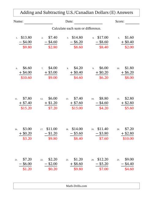 The Adding and Subtracting U.S./Canadian Dollars With Amounts from 0.20 to 9.80 in Increments of Twenty Cents (E) Math Worksheet Page 2