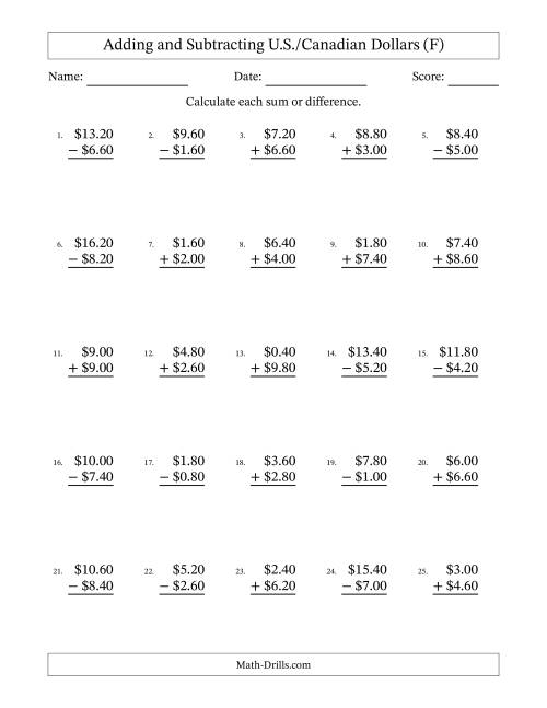 The Adding and Subtracting U.S./Canadian Dollars With Amounts from 0.20 to 9.80 in Increments of Twenty Cents (F) Math Worksheet