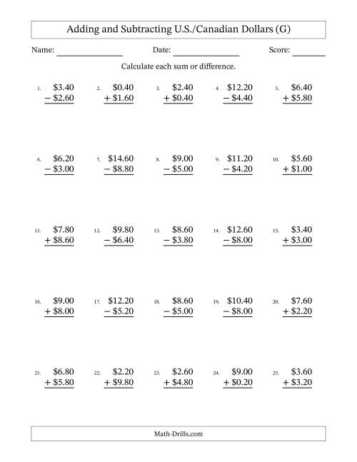 The Adding and Subtracting U.S./Canadian Dollars With Amounts from 0.20 to 9.80 in Increments of Twenty Cents (G) Math Worksheet