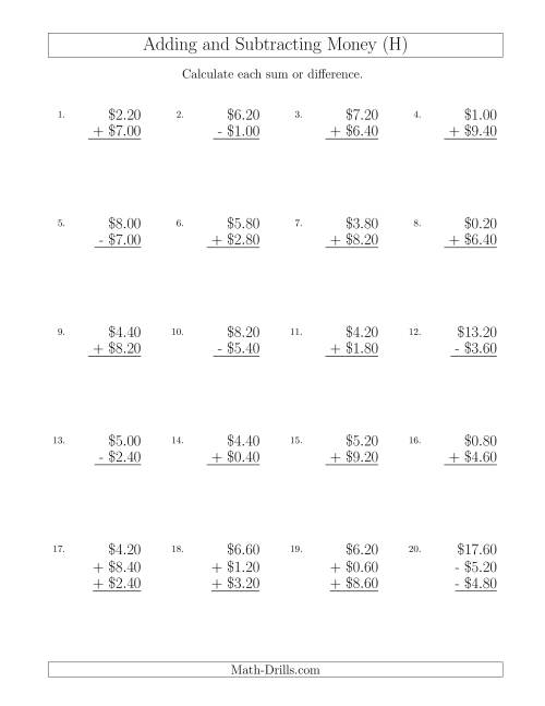 The Adding and Subtracting Dollars with Amounts up to $10 in Increments of 20 Cents (H) Math Worksheet