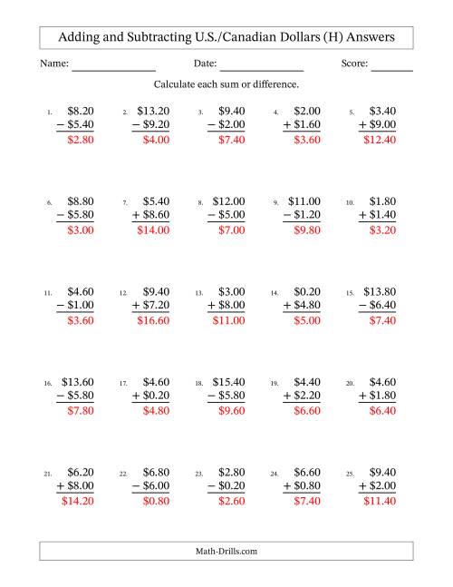 The Adding and Subtracting U.S./Canadian Dollars With Amounts from 0.20 to 9.80 in Increments of Twenty Cents (H) Math Worksheet Page 2