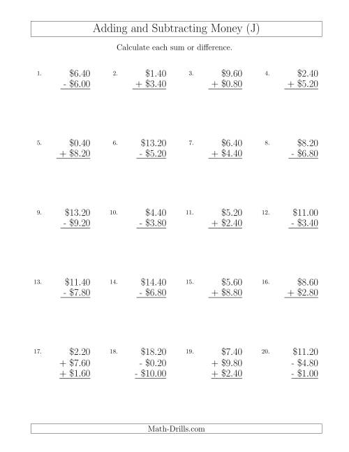 The Adding and Subtracting Dollars with Amounts up to $10 in Increments of 20 Cents (J) Math Worksheet