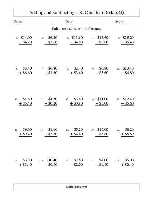 The Adding and Subtracting U.S./Canadian Dollars With Amounts from 0.20 to 9.80 in Increments of Twenty Cents (J) Math Worksheet