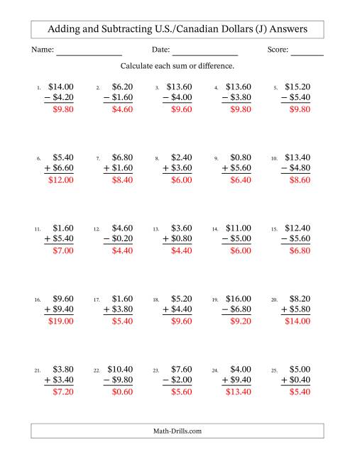 The Adding and Subtracting U.S./Canadian Dollars With Amounts from 0.20 to 9.80 in Increments of Twenty Cents (J) Math Worksheet Page 2