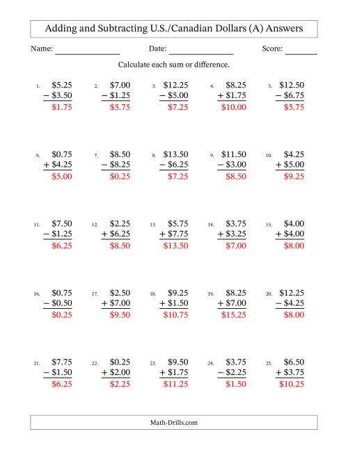 The Adding and Subtracting U.S./Canadian Dollars With Amounts from 0.25 to 9.75 in Increments of Twenty-Five Cents (A) Math Worksheet Page 2