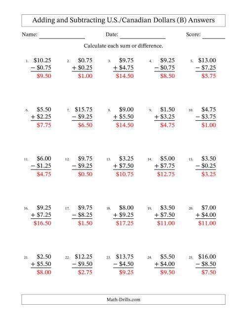 The Adding and Subtracting U.S./Canadian Dollars With Amounts from 0.25 to 9.75 in Increments of Twenty-Five Cents (B) Math Worksheet Page 2