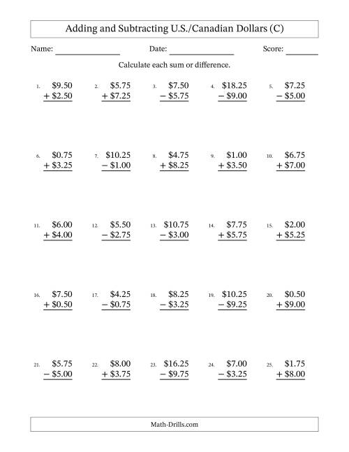 The Adding and Subtracting U.S./Canadian Dollars With Amounts from 0.25 to 9.75 in Increments of Twenty-Five Cents (C) Math Worksheet