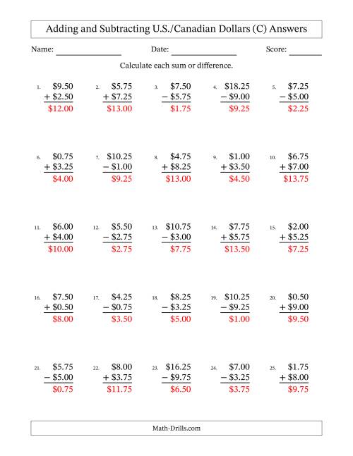 The Adding and Subtracting U.S./Canadian Dollars With Amounts from 0.25 to 9.75 in Increments of Twenty-Five Cents (C) Math Worksheet Page 2