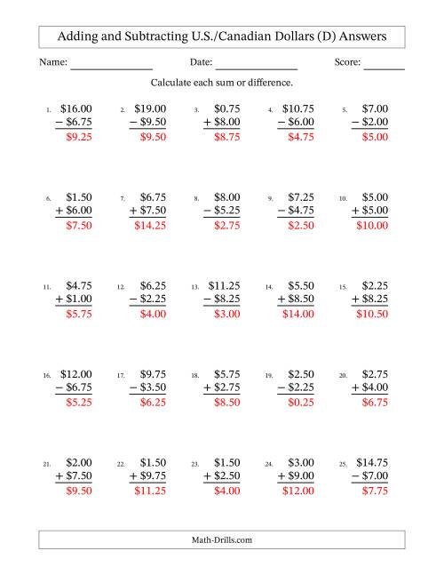 The Adding and Subtracting U.S./Canadian Dollars With Amounts from 0.25 to 9.75 in Increments of Twenty-Five Cents (D) Math Worksheet Page 2