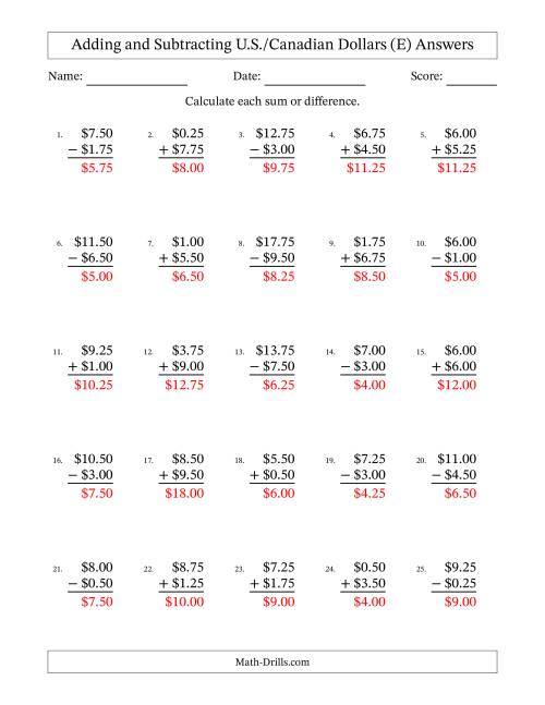 The Adding and Subtracting U.S./Canadian Dollars With Amounts from 0.25 to 9.75 in Increments of Twenty-Five Cents (E) Math Worksheet Page 2