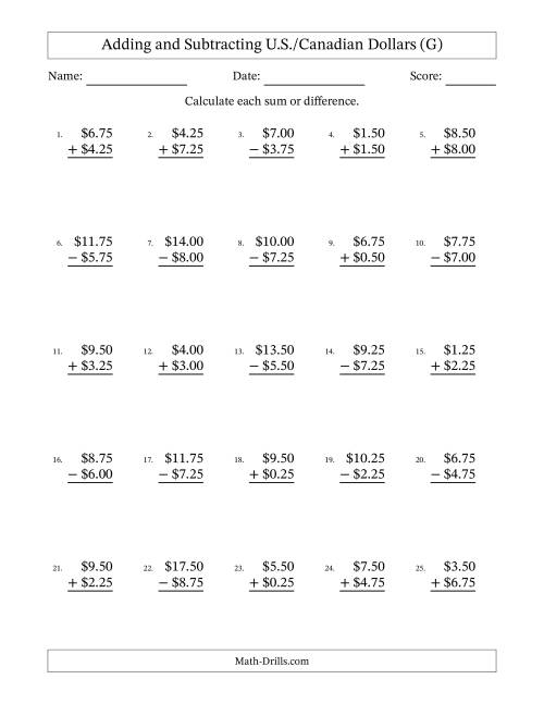 The Adding and Subtracting U.S./Canadian Dollars With Amounts from 0.25 to 9.75 in Increments of Twenty-Five Cents (G) Math Worksheet