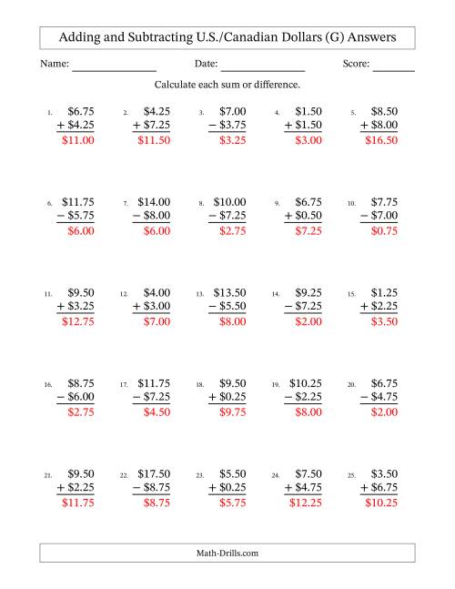 The Adding and Subtracting U.S./Canadian Dollars With Amounts from 0.25 to 9.75 in Increments of Twenty-Five Cents (G) Math Worksheet Page 2