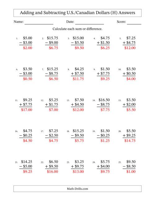 The Adding and Subtracting U.S./Canadian Dollars With Amounts from 0.25 to 9.75 in Increments of Twenty-Five Cents (H) Math Worksheet Page 2