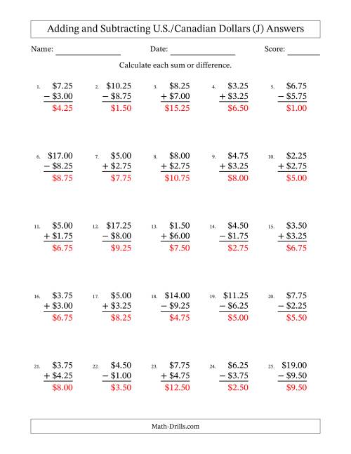 The Adding and Subtracting U.S./Canadian Dollars With Amounts from 0.25 to 9.75 in Increments of Twenty-Five Cents (J) Math Worksheet Page 2