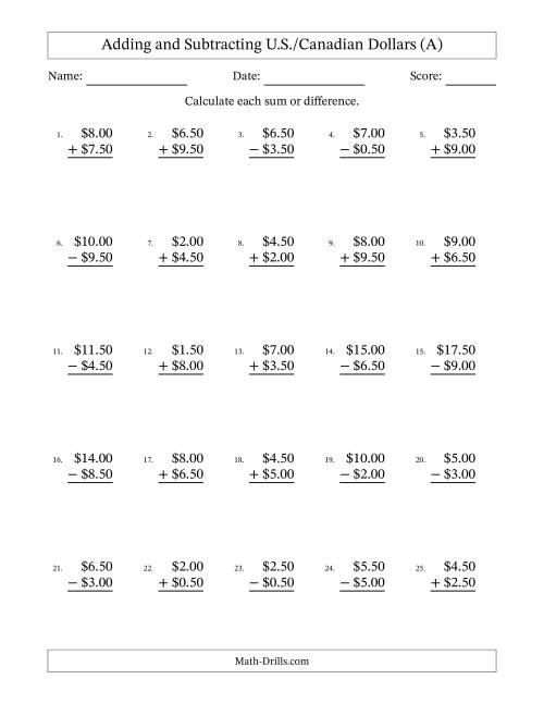 The Adding and Subtracting U.S./Canadian Dollars With Amounts from 0.50 to 9.50 in Increments of Fifty Cents (A) Math Worksheet