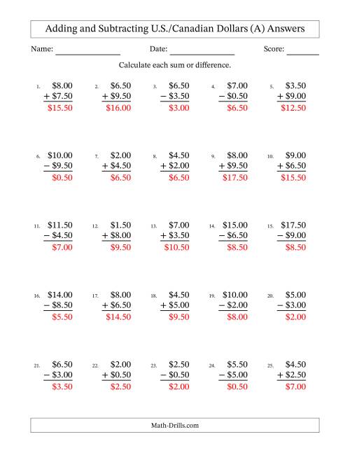 The Adding and Subtracting U.S./Canadian Dollars With Amounts from 0.50 to 9.50 in Increments of Fifty Cents (A) Math Worksheet Page 2